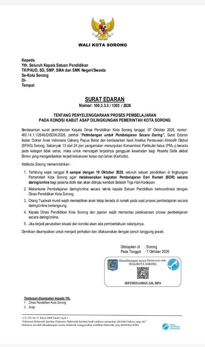 Asap Karhutla Memburuk, Pemkot Sorong Terapkan Pembelajaran Daring 8–10 Oktober 2026